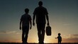 A  powerful silhouette of a father against the setting sun, passes down the legacy to his son, standing tall on a mountain, happy fathers day