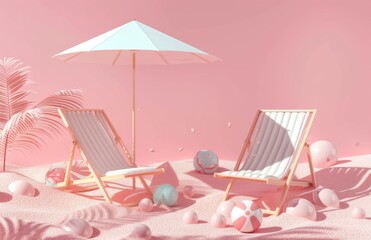 Wall Mural - 3D isometric beach chairs and umbrellas