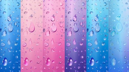 Wall Mural - Various textures of water drops on colored background. Modern realistic seamless patterns of condensation on a surface with clear aqua droplets from dew or rain.