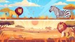 Modern illustration of wild animals and savanna landscape in Africa with zebra and lion. Landing pages for safari parks with cartoon illustrations of wild animals and savannas.