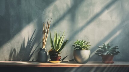 Sticker - Three potted plants on a room shelf