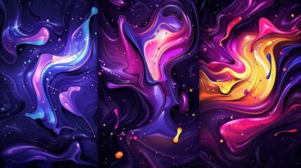 Poster - A set of abstract art backgrounds that feature purple, blue, pink, yellow liquid stains, swirls, splashes, linear patterns and grunge elements.