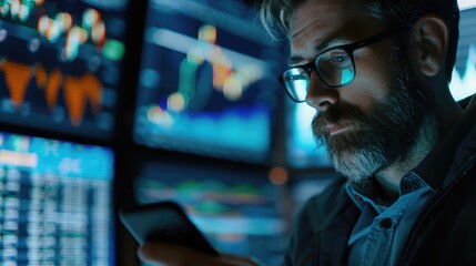 Poster - trader observes stock market movements on a smartphone, staying connected to global markets for timely trading decisions.