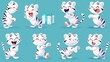 Cartoon white tiger cub character, holding a gift, holding a banner, smiling, sad, playing and dancing. Isolated modern set of funny black striped kittens with black skin.