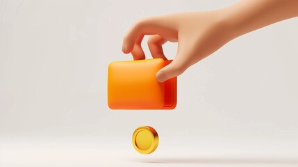 Poster - In this 3D render, a hand is putting a coin in the wallet on a white background. It can be used as a web icon or a mobile app icon. It illustrates a person saving money, spending money, receiving