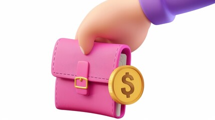 Poster - This is a 3D render of a hand putting money into a wallet on white background, suitable for web or mobile app design. Illustration of person saving or spending money.