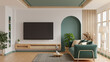 Green wall mounted tv on cabinet in living room with green sofa and decor accessories- 3D rendering