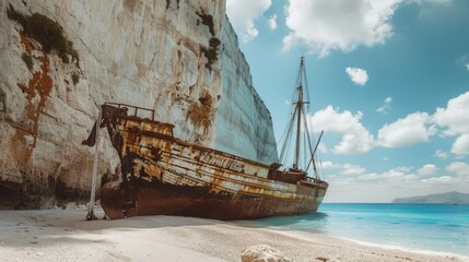 Wall Mural - Boat stranded beach cliff blue water