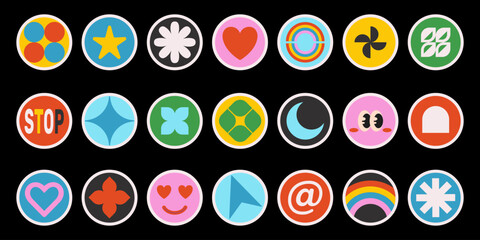 Poster - Pack of retro Y2K round colorful stickers with shapes and symbols, cool old style flat labels, buttons, application icons on a black background. Vector illustration.