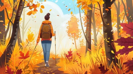 Wall Mural - Modern cartoon illustration of a hiker with backpack walking in a wood. This is a landscape of woods or a nature park with trees with orange foliage and a girl tourist with a stick next to the trail.