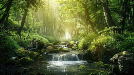 Wall Mural - serene forest scene with lush green trees and a flowing stream, promoting the preservation of natural habitats