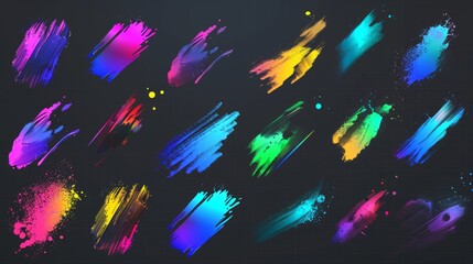 Poster - Colorful gradient brush strokes isolated on transparent background. Abstract colorful spots, holographic fluid paint effect, chameleon design palette, blurry rainbow splashes.