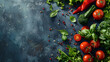 Raw organic vegetables with fresh ingredients for healthily cooking on vintage background, top view, banner, Vegan or diet food concept, Background layout with free text space