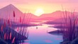 Sunrise and mountain view with reed in swamp water cartoon modern scene. River shore in Japan with marsh and bulrush plant, Peaceful pink valley illustration with no one and sun light reflection.