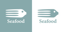 Logo Restaurante De Mariscos. Palabra Seafood Con Combinación De Silueta De Tenedor Y Cabeza De Pescado