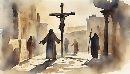 Wall Mural - Watercolor painting of Jesus’ Crucifixion at Jerusalem.