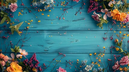 Wall Mural - Blue wooden surface adorned with assorted floral and foliage elements