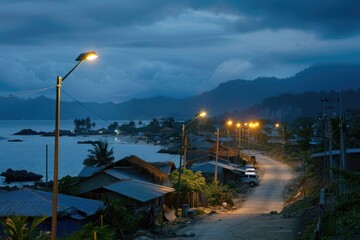 Wall Mural - A coastal village illuminated by solar-powered streetlights, symbolizing the transition to renewable energy and sustainable development in vulnerable communities facing climate change impacts.