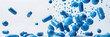 blue pills on white backdrop falling