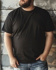 Poster - Big size fat adult man model in Blank black T Shirt for design mockup