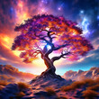Fantasy tree in front of a starry sky with colorful clouds in the universe. AI