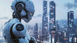 Fototapeta  - Illustration of a 3D robot in an industrial city