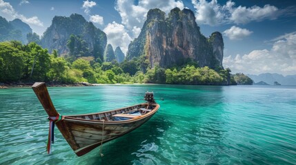 Canvas Print - A boat floating in the middle of a clear blue ocean, AI