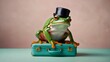 A distinguished green frog sits atop a teal suitcase, wearing a black top hat, presenting a sense of adventure and exploration