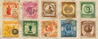 © emilio100 - Set of old postal stamps, row of vintage collection stamps, generated ai