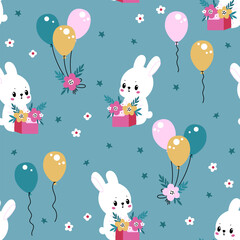 Wall Mural - Seamless background with rabbits and gifts