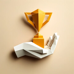 A minimalistic origami paper art representation of a hand holding a trophy