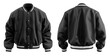 © Sandra Chia - Set of black Oversized Baseball Bomber varsity jacket with ribbed strip elastic hem, front back side view on transparent background cutout, PNG file. Mockup template for artwork design.