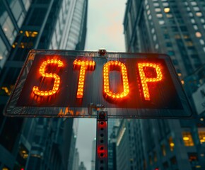 Canvas Print - Illuminated stop sign with bright lights on an urban street with skyscrapers.