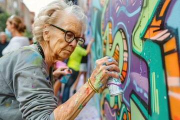 Wall Mural - Street artist drawing graffiti, looking to the wall with her paintings. Stylish old woman, graffiti artist doing artwork outdoors. Urban Senior painter made big street art. Entertainment, subculture