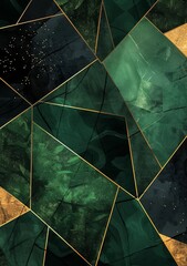Wall Mural - Abstract geometric background with emerald green, black and gold shapes