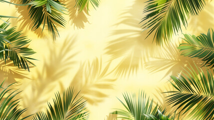 Wall Mural - Vibrant tropical palm leaves on a sunny yellow background with soft shadows.