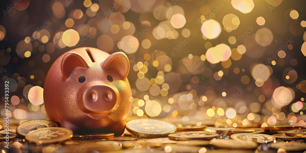 Piggy bank on shiny golden background with gold coins. Coins falling ...