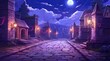 Mystical labyrinth pathways under a starry night sky, with moonlit medieval architecture