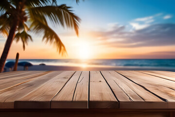 empty wooden table for display or product showcase with blurry beach background scene