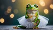 This image shows a confident frog in a ballet pose with a tutu against a bokeh light background
