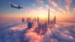 Design an aerial view of an airplane flying over the iconic skyline of Dubai, United Arab Emirates, with