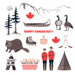 Canadian symbols such as beaver, goose, canoe, teepee, hockey, royal police, maple leaves and mountains. Happy National Day of Canada. Vector background.