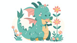 Fototapeta Dinusie - Cute fairy dragon. Fairytale dinosaur smelling flower