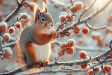 An Adorable Squirrel Scavenges For Food Among Frosted Branches, With Bright Red Berries Adding A Pop Of Color To The Winter Landscape
