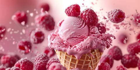 Wall Mural - Raspberry ice cream in a waffle cone close-up and flying raspberries, summer creative banner