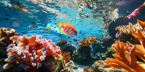 Wall Mural - A colorful coral reef with a variety of fish swimming around