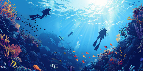 Wall Mural - A group of three scuba divers are swimming in the ocean