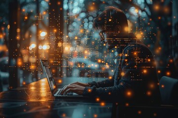 Poster - A man immersed in tech works on a laptop with glowing digital graphics overlaying the scene