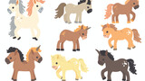 Fototapeta Pokój dzieciecy - Cute ponies set. Foals small miniature horses breeds.