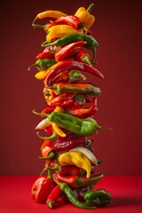 Poster - A tall stack of colorful assorted chili peppers on a red background.